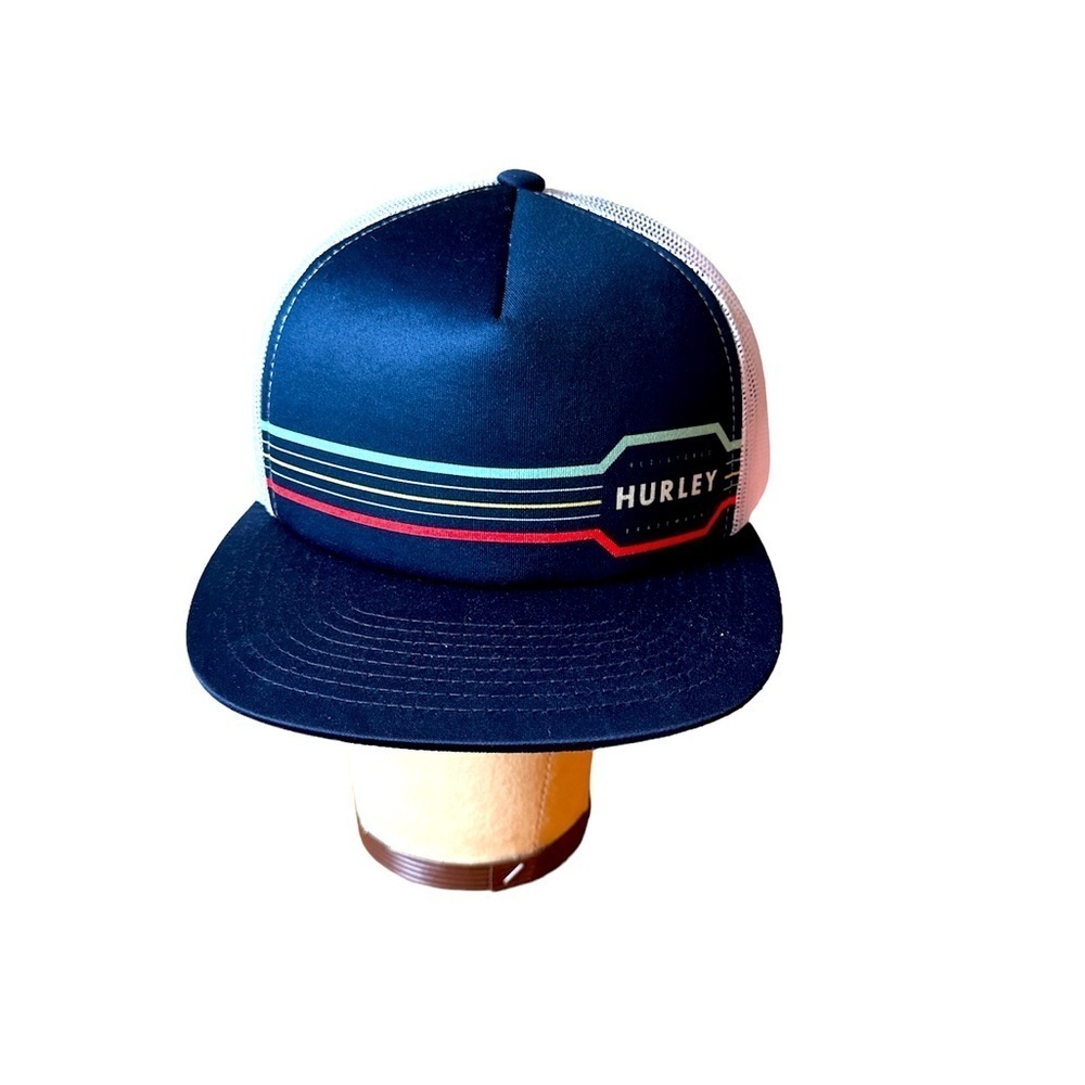 Hurley Highway Foam Trucker Hat Blue Striped Mesh Back Adjustable Flat Bill NWOT
